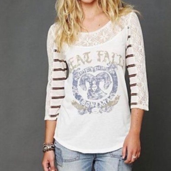 Free People Tops - FREE PEOPLE Creme Ivory Eyelet Lace Trim Great Falls Montana Ram Graphic Top